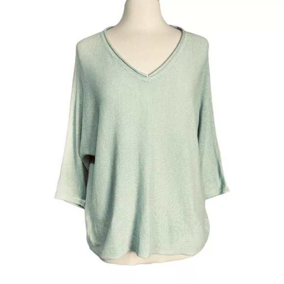 Tahari Linen Blend Sweater M Green Raglan Dolman Sleeve Boxy Summer Light - Picture 1 of 6